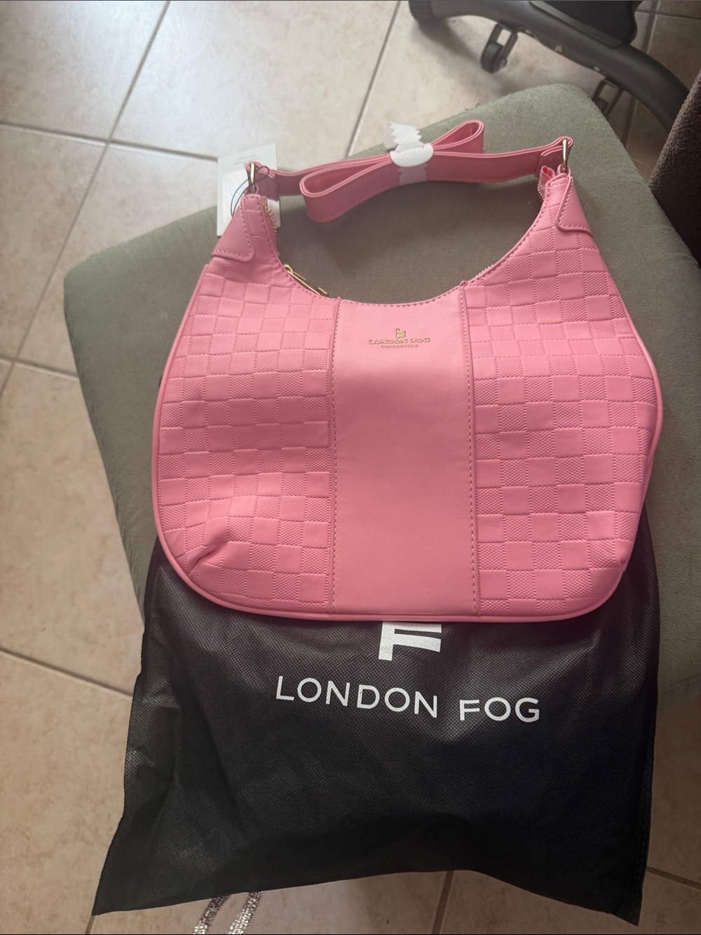 London Fog Pink Quilted Hobo Shoulder Bag with Gold-Tone Logo